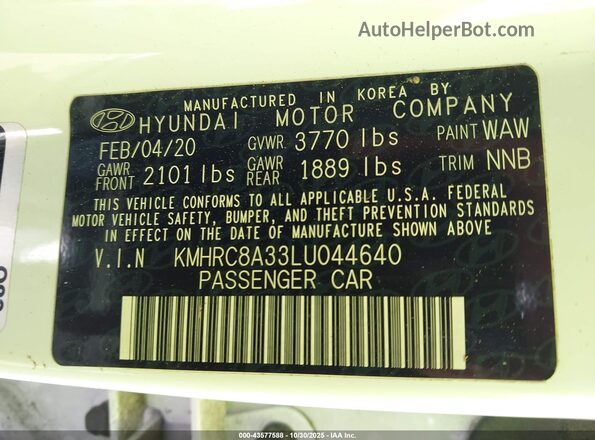 KMHRC8A33LU044640 2020 HYUNDAI VENUE White Vista del compartimento del motor