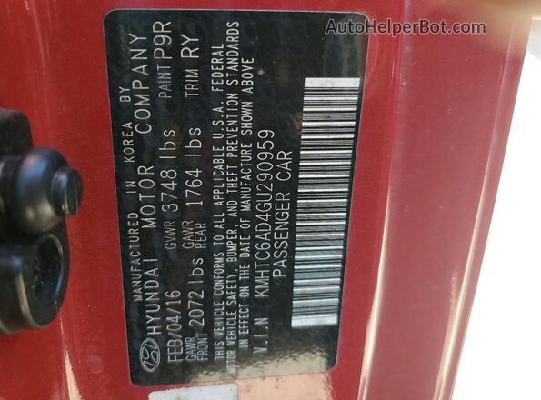 KMHTC6AD4GU290959 2016 HYUNDAI VELOSTER Красный Вид наклейки с VIN-кодом