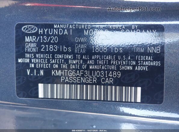 KMHTG6AF3LU031489 2020 HYUNDAI VELOSTER Gray Շարժիչի բաժամունքի տեսք