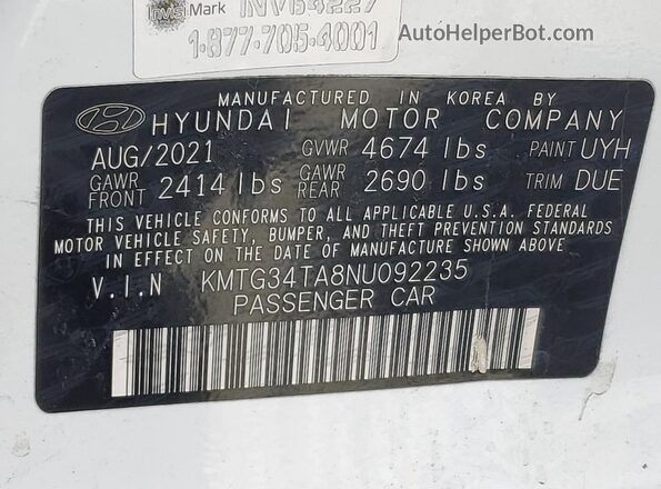 KMTG34TA8NU092235 2022 GENESIS G70 White Շարժիչի բաժամունքի տեսք