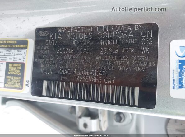 KNAGT4LE0H5011421 2017 KIA OPTIMA HYBRID Silver 