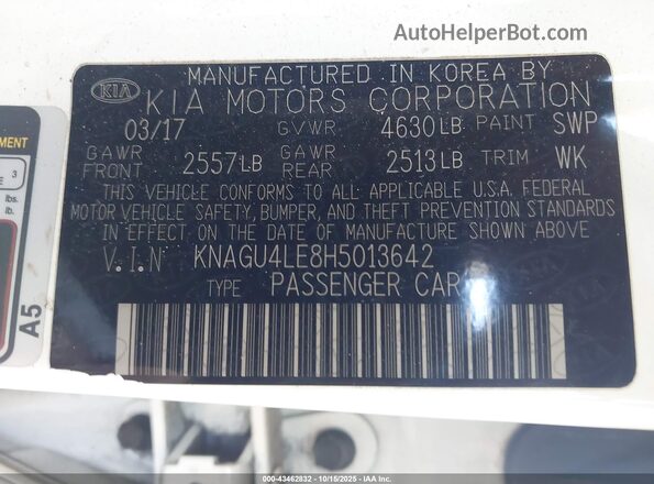 KNAGU4LE8H5013642 2017 KIA OPTIMA HYBRID White Вид підкапотного простору