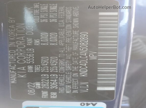 KNDC4DLC4N5082890 2022 KIA EV6 Blue VIN կոդի պիտակի տեսք
