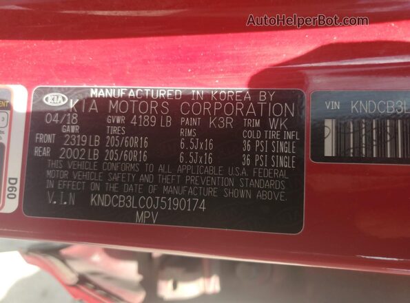 KNDCB3LC0J5190174 2018 KIA NIRO Burgundy 