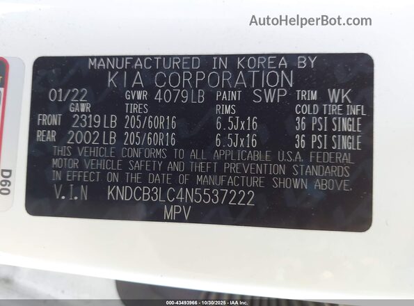 KNDCB3LC4N5537222 2022 KIA NIRO White Vista del compartimento del motor