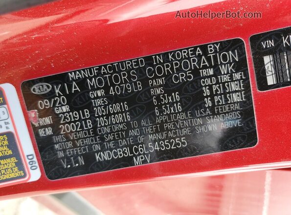 KNDCB3LC6L5435255 2020 KIA NIRO Red Widok wnętrza 360 stopni