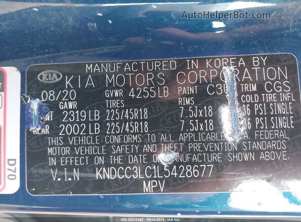 KNDCC3LC1L5428677 2020 KIA NIRO Blue ძრავის განყოფილების ხედი