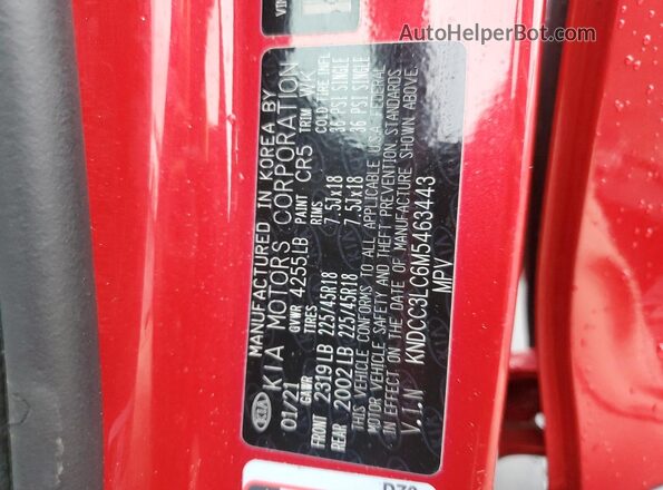 KNDCC3LC6M5463443 2021 KIA NIRO Red VIN კოდის სტიკერის ხედი