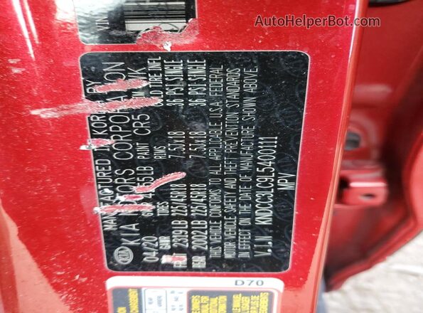 KNDCC3LC9L5400111 2020 KIA NIRO Red VIN կոդի պիտակի տեսք