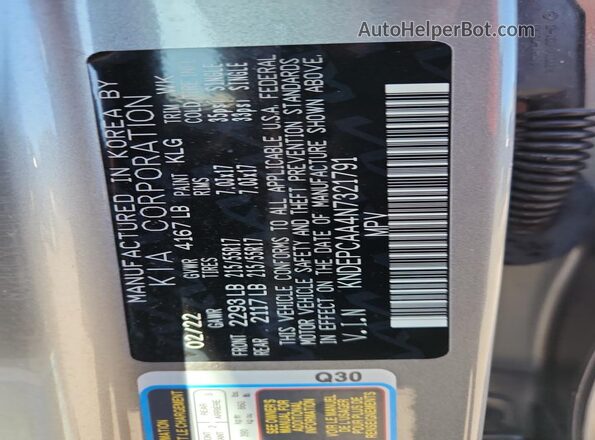 KNDEPCAA4N7321791 2022 KIA SELTOS Silver VIN კოდის სტიკერის ხედი