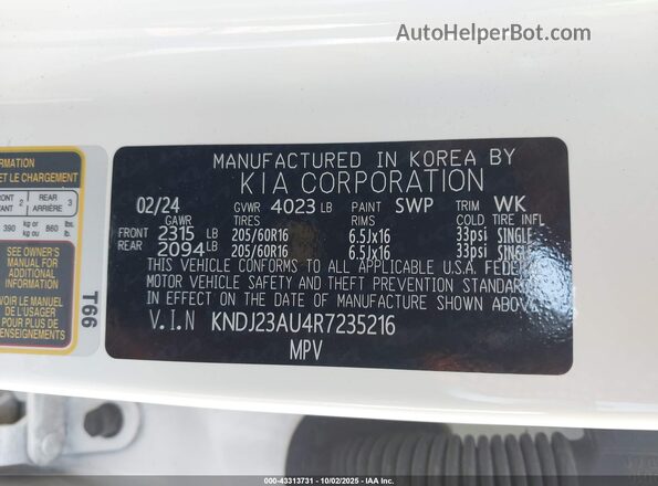 KNDJ23AU4R7235216 2024 KIA SOUL White Engine compartment view
