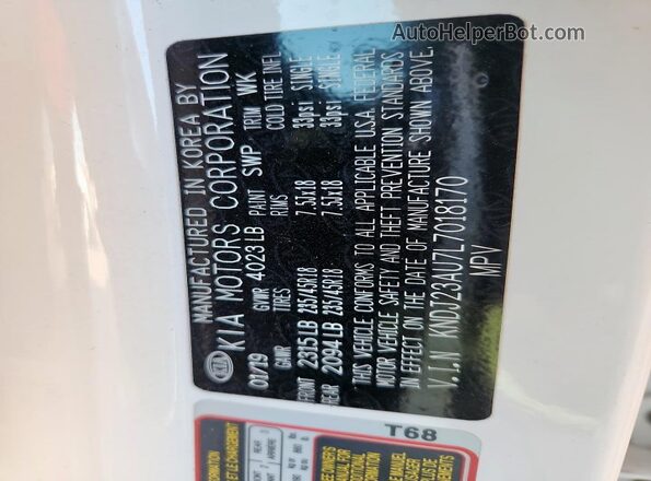 KNDJ23AU7L7018170 2020 KIA SOUL White Vista del compartimento del motor