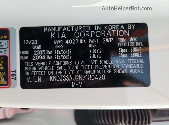 KNDJ33AU2N7180420 2022 KIA SOUL White 
