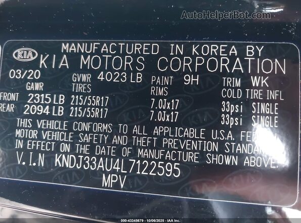 KNDJ33AU4L7122595 2020 KIA SOUL Black Շարժիչի բաժամունքի տեսք