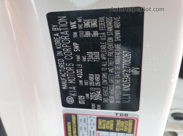 KNDJ53AF2L7700267 2020 KIA SOUL White VIN კოდის სტიკერის ხედი