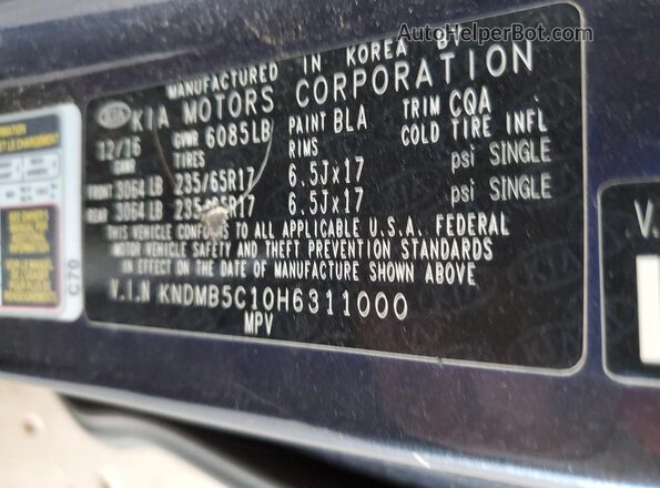 KNDMB5C10H6311000 2017 KIA SEDONA Black VIN sticker view