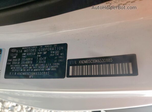 KNDMB5C10K6530885 2019 KIA SEDONA White Widok naklejki z numerem VIN