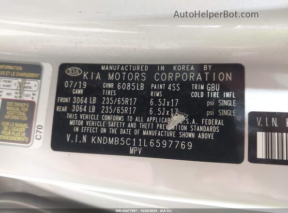 KNDMB5C11L6597769 2020 KIA SEDONA Silver Вид підкапотного простору