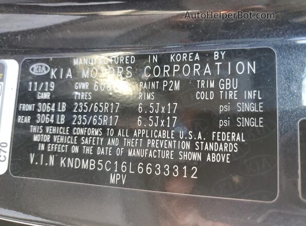 KNDMB5C16L6633312 2020 KIA SEDONA Gray VIN sticker view