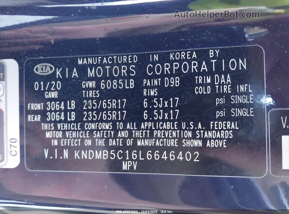 KNDMB5C16L6646402 2020 KIA SEDONA Dark Blue Вид підкапотного простору