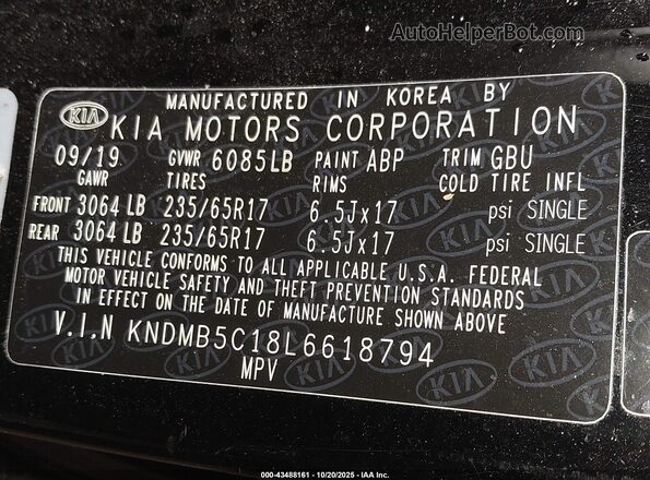 KNDMB5C18L6618794 2020 KIA SEDONA Black Вид підкапотного простору