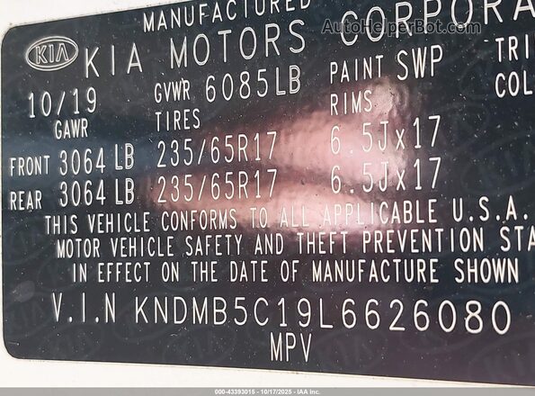 KNDMB5C19L6626080 2020 KIA SEDONA White Շարժիչի բաժամունքի տեսք