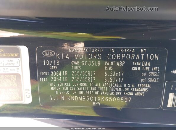 KNDMB5C1XK6509817 2019 KIA SEDONA Black ძრავის განყოფილების ხედი