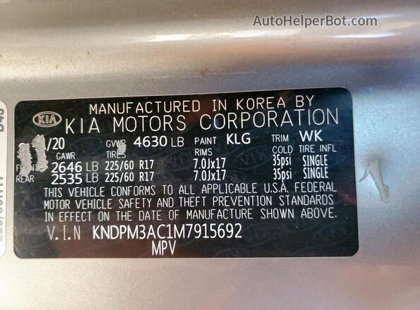 KNDPM3AC1M7915692 2021 KIA SPORTAGE Серебряный Вид наклейки с VIN-кодом