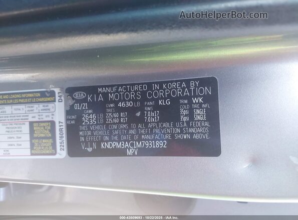 KNDPM3AC1M7931892 2021 KIA SPORTAGE Gray ძრავის განყოფილების ხედი