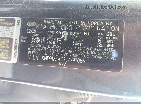 KNDPM3AC3L7791066 2020 KIA SPORTAGE Blue ძრავის განყოფილების ხედი