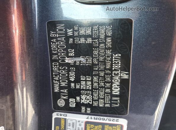 KNDPM3AC3L7813776 2020 KIA SPORTAGE Blue VIN კოდის სტიკერის ხედი