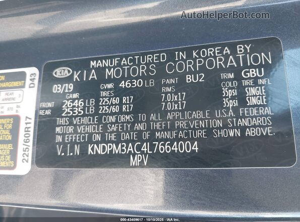KNDPM3AC4L7664004 2020 KIA SPORTAGE Light Blue ძრავის განყოფილების ხედი