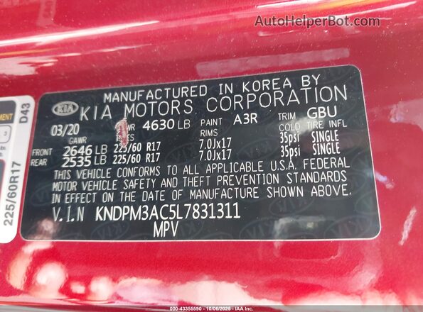 KNDPM3AC5L7831311 2020 KIA SPORTAGE Red ძრავის განყოფილების ხედი