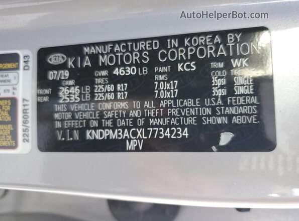 KNDPM3ACXL7734234 2020 KIA SPORTAGE Silver Widok naklejki z numerem VIN