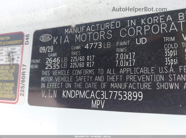 KNDPMCAC3L7753899 2020 KIA SPORTAGE White ძრავის განყოფილების ხედი