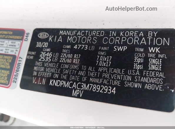 KNDPMCAC3M7892934 2021 KIA SPORTAGE White Widok komory silnika