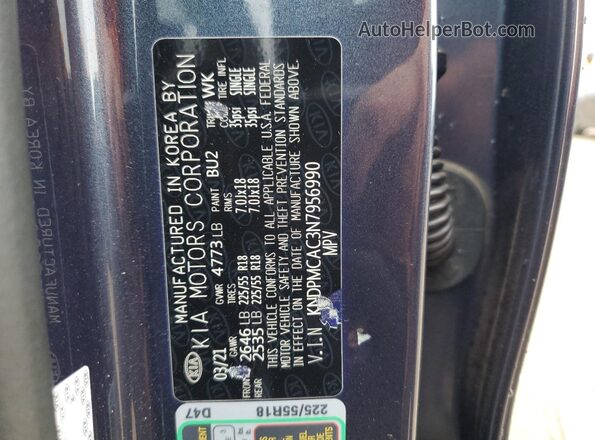 KNDPMCAC3N7956990 2022 KIA SPORTAGE Blue VIN კოდის სტიკერის ხედი