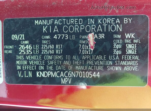 KNDPMCAC6N7010544 2022 KIA SPORTAGE Red Շարժիչի բաժամունքի տեսք