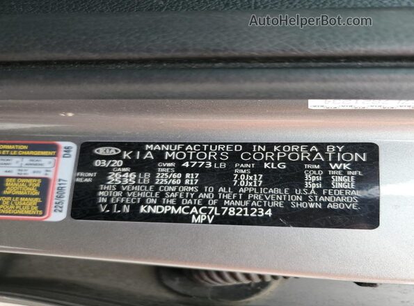 KNDPMCAC7L7821234 2020 KIA SPORTAGE Gray VIN კოდის სტიკერის ხედი