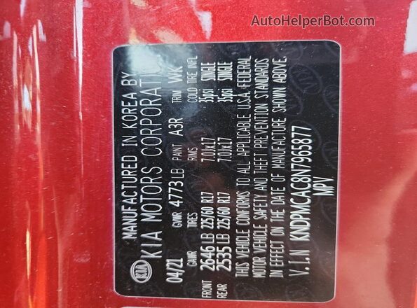 KNDPMCAC8N7965877 2022 KIA SPORTAGE Red VIN sticker view
