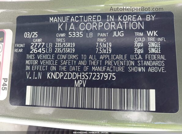 KNDPZDDH3S7237975 2025 KIA SPORTAGE PLUG-IN HYBRID Green Vista del compartimento del motor