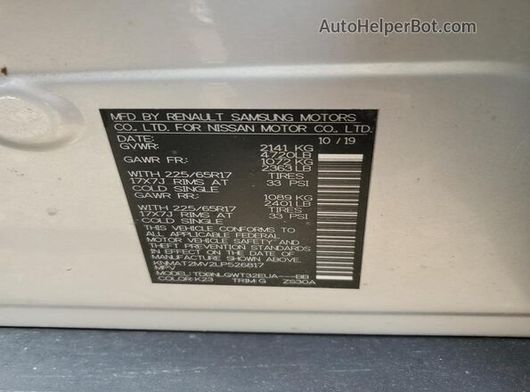 KNMAT2MV2LP526817 2020 NISSAN ROGUE Silver Widok naklejki z numerem VIN