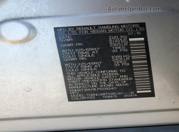 KNMAT2MV9LP509240 2020 NISSAN ROGUE Silver Widok naklejki z numerem VIN