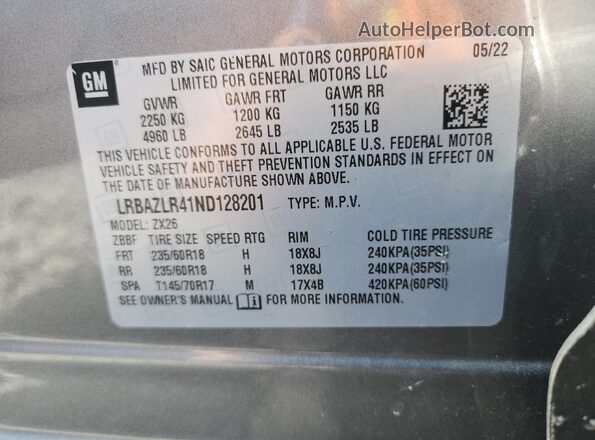 LRBAZLR41ND128201 2022 BUICK ENVISION Gray Вид наклейки з VIN-кодом