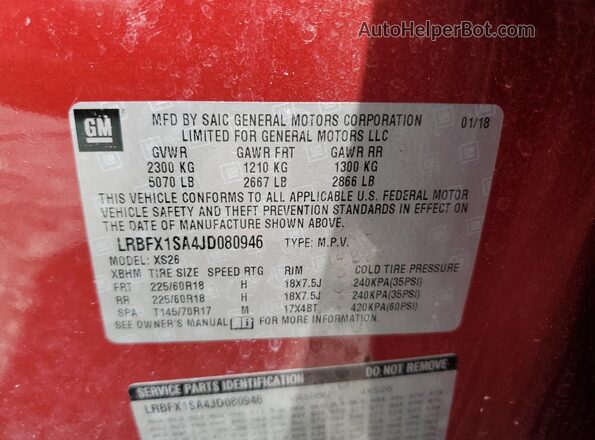 LRBFX1SA4JD080946 2018 BUICK ENVISION Red Widok naklejki z numerem VIN