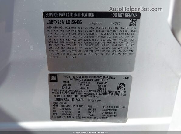 LRBFX2SA1LD156406 2020 BUICK ENVISION Белый Вид подкапотного пространства