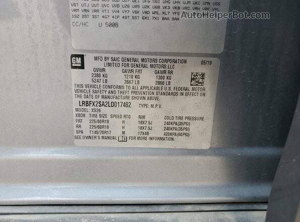 LRBFX2SA2LD017482 2020 BUICK ENVISION Gray Вид наклейки з VIN-кодом