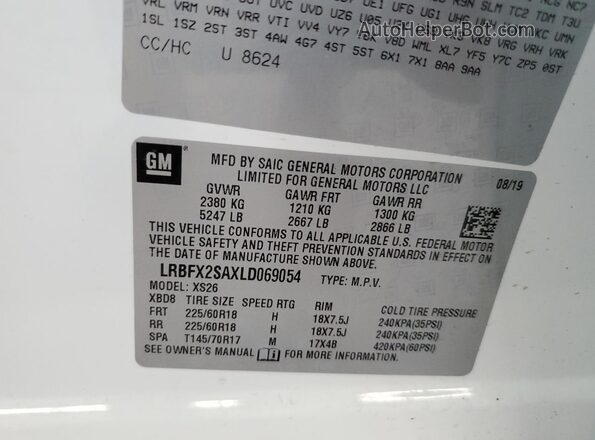 LRBFX2SAXLD069054 2020 BUICK ENVISION White Вид наклейки з VIN-кодом