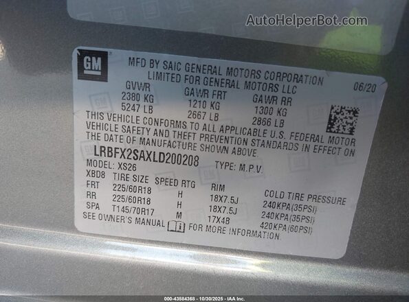 LRBFX2SAXLD200208 2020 BUICK ENVISION Gray Vista del compartimento del motor
