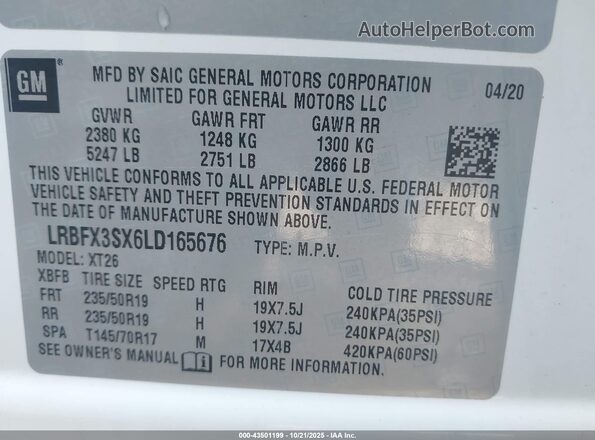 LRBFX3SX6LD165676 2020 BUICK ENVISION White Vista del compartimento del motor